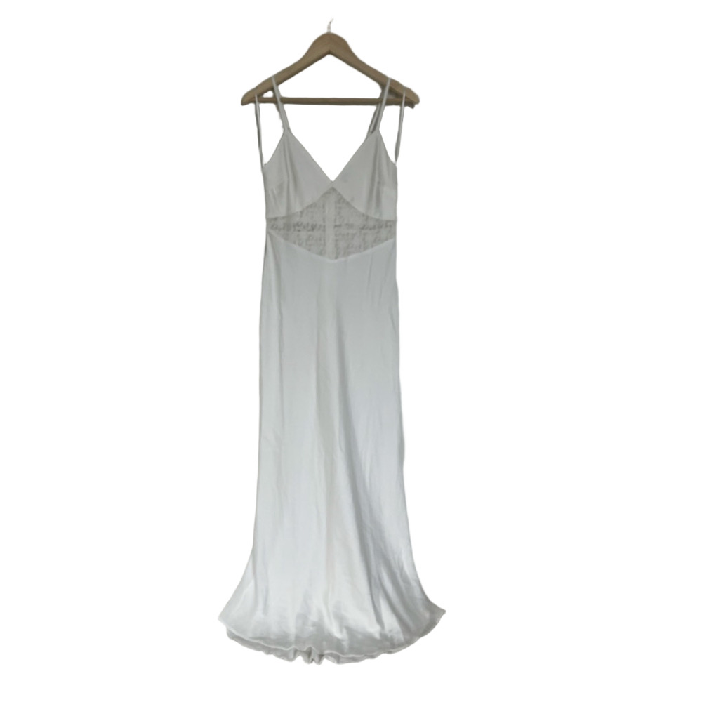 Emory Park White Satin Maxi Dress Gowl with Lace Cut-out Detail Bridal V-Neck